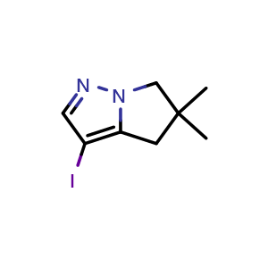 Chemical structure of 3-iodo-5,5-dimethyl-4,6-dihydropyrrolo[1,2-b]pyrazole , CAS 2057508-07-1, AChemBlock W164714
