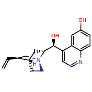 Chemical structure of 4-[(S)-hydroxy-[(1S,2R,4S,5R)-5-vinylquinuclidin-2-yl]methyl]quinolin-6-ol , CAS 70877-75-7, AChemBlock W164735