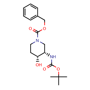 Chemical structure of benzyl (3S,4R)-3-(tert-butoxycarbonylamino)-4-hydroxy-piperidine-1-carboxylate , CAS 1549812-65-8, AChemBlock W164748