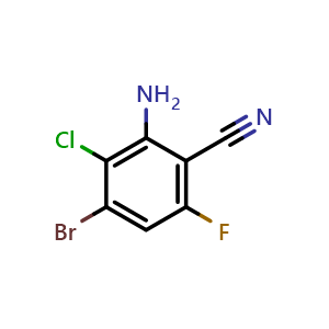 Chemical structure of 2-amino-4-bromo-3-chloro-6-fluoro-benzonitrile , CAS 2250339-94-5, AChemBlock W164817