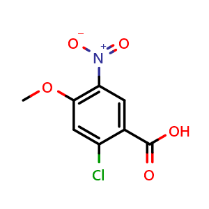 Chemical structure of 2-chloro-4-methoxy-5-nitro-benzoic acid , CAS 33458-99-0, AChemBlock W164833