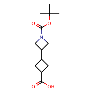 Chemical structure of 3-(1-tert-butoxycarbonylazetidin-3-yl)cyclobutanecarboxylic acid , CAS 1989659-47-3, AChemBlock W164840