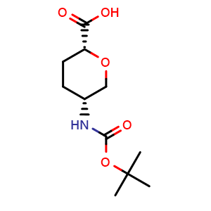 Chemical structure of (2R,5R)-5-(tert-butoxycarbonylamino)tetrahydropyran-2-carboxylic acid , CAS 1932117-51-5, AChemBlock W164862