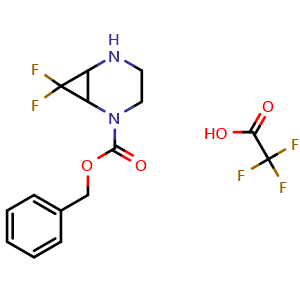 Chemical structure of benzyl 7,7-difluoro-2,5-diazabicyclo[4 1 0]heptane-2-carboxylate 2,2,2-trifluoroacetic acid , CAS 2832471-05-1, AChemBlock W164876