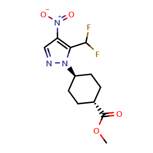 Chemical structure of methyl trans-4-[5-(difluoromethyl)-4-nitro-pyrazol-1-yl]cyclohexanecarboxylate , CAS 2434852-20-5, AChemBlock W164888