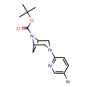 Chemical structure of tert-butyl 3-(5-bromo-2-pyridyl)-3,6-diazabicyclo[3 1 1]heptane-6-carboxylate , CAS 2222757-10-8, AChemBlock W164942