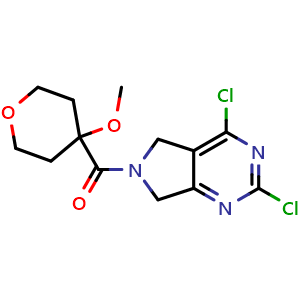 Chemical structure of (2,4-dichloro-5,7-dihydropyrrolo[3,4-d]pyrimidin-6-yl)-(4-methoxytetrahydropyran-4-yl)methanone , CAS 2488795-67-9, AChemBlock W164987