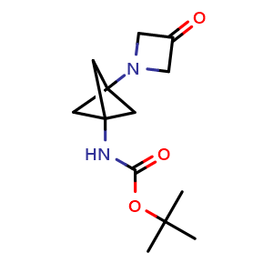 Chemical structure of tert-butyl N-[3-(3-oxoazetidin-1-yl)-1-bicyclo[1 1 1]pentanyl]carbamate , CAS 2654797-82-5, AChemBlock W164989