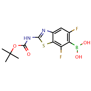 Chemical structure of [2-(tert-butoxycarbonylamino)-5,7-difluoro-1,3-benzothiazol-6-yl]boronic acid , AChemBlock W165028
