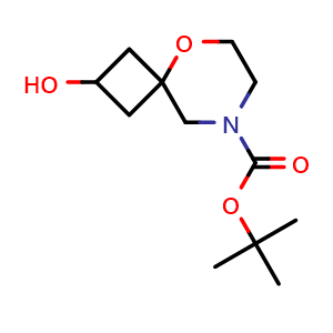 Chemical structure of tert-butyl 2-hydroxy-5-oxa-8-azaspiro[3 5]nonane-8-carboxylate , CAS 2309427-24-3, AChemBlock W165046