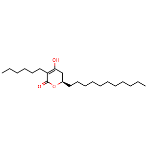 Chemical structure of (2R)-5-hexyl-4-hydroxy-2-undecyl-2,3-dihydropyran-6-one , CAS 112764-00-8, AChemBlock W165077