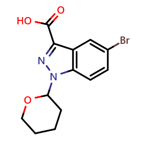 Chemical structure of 5-bromo-1-tetrahydropyran-2-yl-indazole-3-carboxylic acid , CAS 850893-02-6, AChemBlock W165117