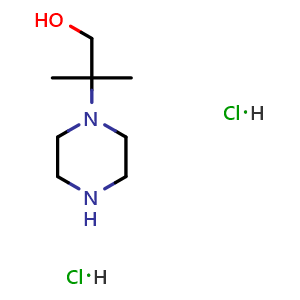 Chemical structure of 2-methyl-2-piperazin-1-yl-propan-1-ol dihydrochloride , CAS 873066-14-9, AChemBlock W165152