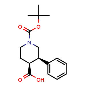 Chemical structure of cis-1-tert-butoxycarbonyl-3-phenyl-piperidine-4-carboxylic acid , CAS 1068522-21-3, AChemBlock W165231