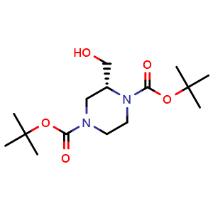 Chemical structure of ditert-butyl (2R)-2-(hydroxymethyl)piperazine-1,4-dicarboxylate , CAS 1159598-21-6, AChemBlock W165242