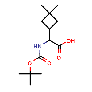 Chemical structure of 2-(tert-butoxycarbonylamino)-2-(3,3-dimethylcyclobutyl)acetic acid , CAS 2089648-39-3, AChemBlock W165259