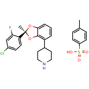 Chemical structure of 4-[(2S)-2-(4-chloro-2-fluoro-phenyl)-2-methyl-1,3-benzodioxol-4-yl]piperidine 4-methylbenzenesulfonic acid , CAS 2401894-41-3, AChemBlock W165300