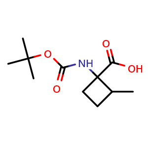 Chemical structure of 1-(tert-butoxycarbonylamino)-2-methyl-cyclobutanecarboxylic acid , CAS 1860337-63-8, AChemBlock W165302