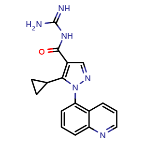 Chemical structure of N-carbamimidoyl-5-cyclopropyl-1-(5-quinolyl)pyrazole-4-carboxamide , CAS 241800-98-6, AChemBlock W165303