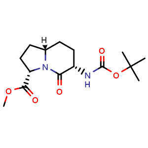 Chemical structure of methyl (3S,6S,8aS)-6-(tert-butoxycarbonylamino)-5-oxo-2,3,6,7,8,8a-hexahydro-1H-indolizine-3-carboxylate , CAS 159303-54-5, AChemBlock W165314