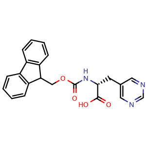 Chemical structure of (2R)-2-(9H-fluoren-9-ylmethoxycarbonylamino)-3-pyrimidin-5-yl-propanoic acid , CAS 1983904-11-5, AChemBlock W165316