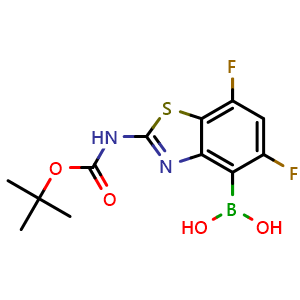 Chemical structure of [2-(tert-butoxycarbonylamino)-5,7-difluoro-1,3-benzothiazol-4-yl]boronic acid , CAS 2415163-54-9, AChemBlock W165332
