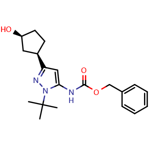 Chemical structure of benzyl N-[2-tert-butyl-5-[(1R,3S)-3-hydroxycyclopentyl]pyrazol-3-yl]carbamate , CAS 2460255-81-4, AChemBlock W165343