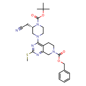 Chemical structure of benzyl 4-[(3S)-4-tert-butoxycarbonyl-3-(cyanomethyl)piperazin-1-yl]-2-methylsulfanyl-6,8-dihydro-5H-pyrido[3,4-d]pyrimidine-7-carboxylate , CAS 2206737-02-0, AChemBlock W165358