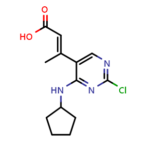 Chemical structure of (E)-3-[2-chloro-4-(cyclopentylamino)pyrimidin-5-yl]but-2-enoic acid , CAS 2242625-36-9, AChemBlock W165366