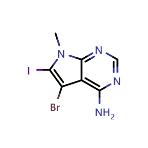 Chemical structure of 5-bromo-6-iodo-7-methyl-pyrrolo[2,3-d]pyrimidin-4-amine , CAS 2549186-23-2, AChemBlock W165383