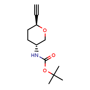 Chemical structure of tert-butyl N-[(3R,6S)-6-ethynyltetrahydropyran-3-yl]carbamate , CAS 881657-41-6, AChemBlock W165392
