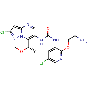 Chemical structure of 1-[2-(2-aminoethoxy)-5-chloro-3-pyridyl]-3-[2-chloro-7-[(1S)-1-methoxyethyl]pyrazolo[1,5-a]pyrimidin-6-yl]urea , CAS 2225148-33-2, AChemBlock W165395