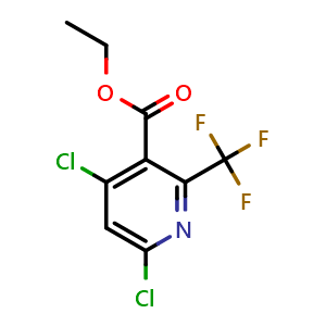 Chemical structure of ethyl 4,6-dichloro-2-(trifluoromethyl)pyridine-3-carboxylate , CAS 1211580-73-2, AChemBlock W165400