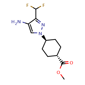 Chemical structure of methyl trans-4-[4-amino-3-(difluoromethyl)pyrazol-1-yl]cyclohexanecarboxylate , CAS 2434853-23-1, AChemBlock W165401