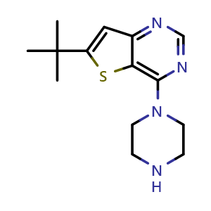 Chemical structure of 6-tert-butyl-4-piperazin-1-yl-thieno[3,2-d]pyrimidine , CAS 683274-69-3, AChemBlock W165406