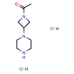 Chemical structure of 1-(3-piperazin-1-ylazetidin-1-yl)ethanone dihydrochloride , CAS 2757730-02-0, AChemBlock W165409
