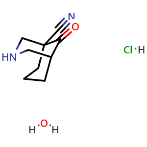 Chemical structure of 9-oxo-3-azabicyclo[3 3 1]nonane-1-carbonitrile hydrate hydrochloride , AChemBlock W165413