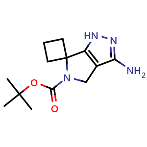 Chemical structure of tert-butyl 3-aminospiro[1,4-dihydropyrrolo[3,4-c]pyrazole-6,1'-cyclobutane]-5-carboxylate , CAS 1246652-29-8, AChemBlock W165429