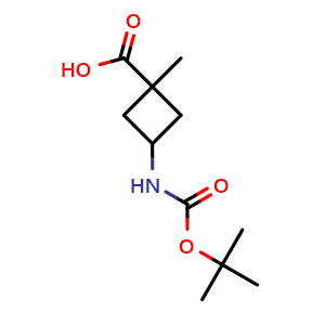 Chemical structure of 3-(tert-butoxycarbonylamino)-1-methyl-cyclobutanecarboxylic acid , CAS 2248372-39-4, AChemBlock W165440
