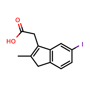 Chemical structure of 2-(6-iodo-2-methyl-3H-inden-1-yl)acetic acid , CAS 857251-07-1, AChemBlock W165453