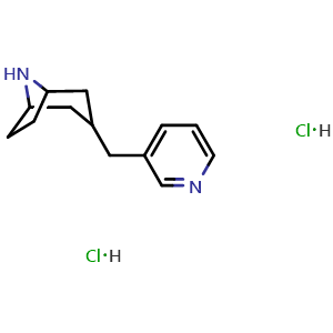 Chemical structure of 3-(3-pyridylmethyl)-8-azabicyclo[3 2 1]octane dihydrochloride , CAS 2098134-02-0, AChemBlock W165454