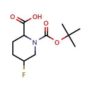 Chemical structure of 1-tert-butoxycarbonyl-5-fluoro-piperidine-2-carboxylic acid , CAS 1544167-67-0, AChemBlock W165466