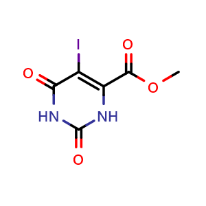 Chemical structure of methyl 5-iodo-2,4-dioxo-1H-pyrimidine-6-carboxylate , CAS 116393-71-6, AChemBlock W165550