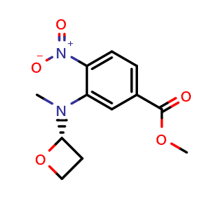 Chemical structure of methyl 4-nitro-3-[[(2S)-oxetan-2-yl]methylamino]benzoate , CAS 2230200-72-1, AChemBlock W165591