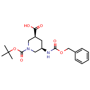 Chemical structure of (3S,5R)-5-(benzyloxycarbonylamino)-1-tert-butoxycarbonyl-piperidine-3-carboxylic acid , CAS 2380757-50-4, AChemBlock W165622