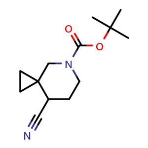 Chemical structure of tert-butyl 8-cyano-5-azaspiro[2 5]octane-5-carboxylate , CAS 2121081-15-8, AChemBlock W165636
