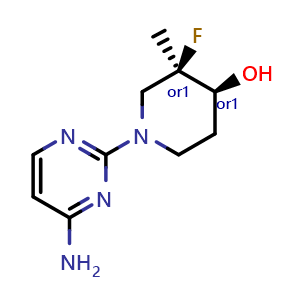 Chemical structure of trans-1-(4-aminopyrimidin-2-yl)-3-fluoro-3-methyl-piperidin-4-ol , CAS 1612176-87-0, AChemBlock W165647
