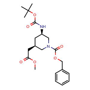 Chemical structure of benzyl cis-3-(tert-butoxycarbonylamino)-5-(2-methoxy-2-oxo-ethyl)piperidine-1-carboxylate , CAS 2940857-10-1, AChemBlock W165653