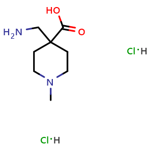 Chemical structure of 4-(aminomethyl)-1-methyl-piperidine-4-carboxylic acid dihydrochloride , CAS 2940962-79-6, AChemBlock W165656