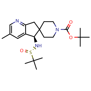 Chemical structure of tert-butyl (5R)-5-[[(S)-tert-butylsulfinyl]amino]-3-methyl-spiro[5,7-dihydrocyclopenta[b]pyridine-6,4'-piperidine]-1'-carboxylate , CAS 2920180-20-5, AChemBlock W165666